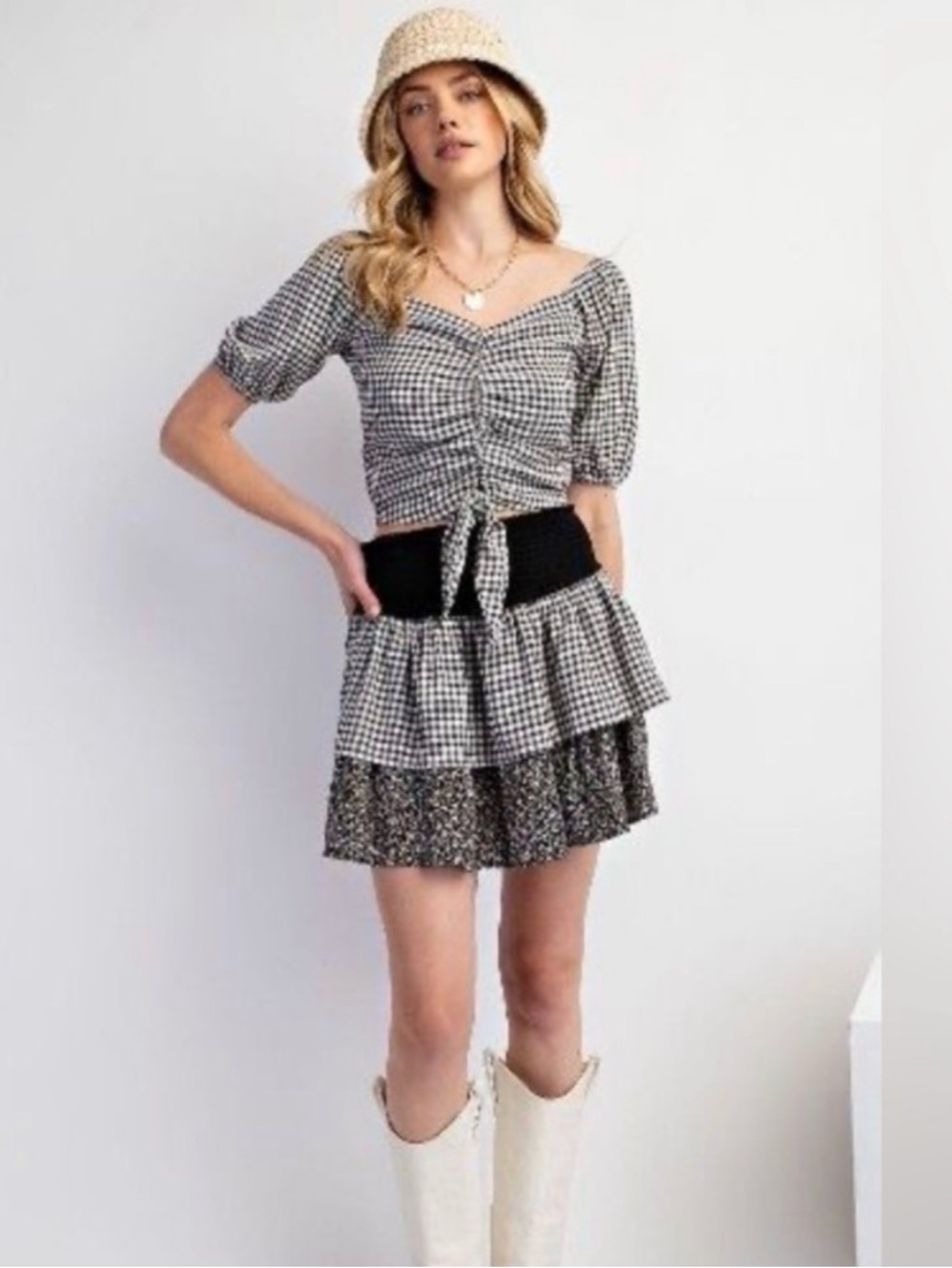 NWT L easel Black and White Gingham Tiered Skater Skirt